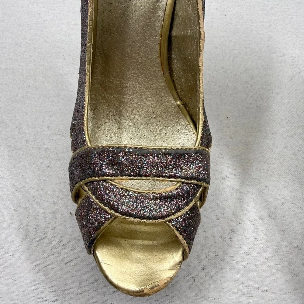 G By Guess Glitter Peep‎ Toe Platform Stiletto Heels Sparkly Gold Working Club